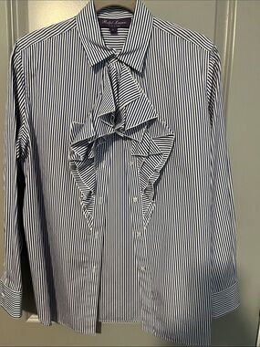 Ralph Lauren purple label Navy & White Striped Ruffle-Front Dress Shirt